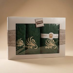 Dárkový set froté ručníků a osušek 380, 3-dílný, tmavě zelená s výšivkou, 1x 30x50cm + 1x 50x90cm + 1x 70x140cm