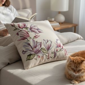 Dekorační povlak na polštářek RETRO MAGNOLIE, fialovo-režná, 45x45cm