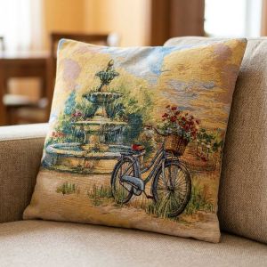 Dekorační povlak na polštářek RETRO FONTÁNA A BICYKL, béžovo-zelená 45x45cm