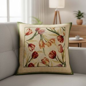 Dekorační povlak na polštářek RETRO TULIPÁNY, zelený rámeček  45x45cm