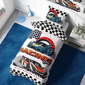 Dětské povlečení AUTA RACING DRAG, bílé, bavlna hladká, 140x200cm + 70x90cm 