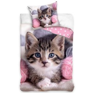 Dětské povlečení KOŤÁTKO S KLUBÍČKY, růžové, bavlna hladká, 140x200cm + 70x90cm 