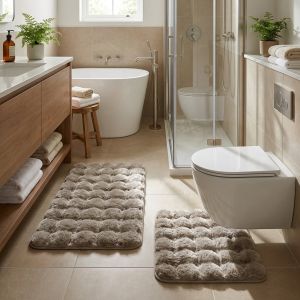 Koupelnová souprava mikrovlákno ARUBA, dlouhý vlas, taupe beige, béžová, 80x50cm (předložka) + 50x40cm (na WC)