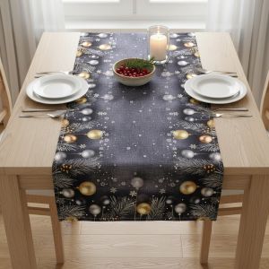 Kuchyňský ubrus vánoční CYH5918C, zlaté baňky na tmavě šedé 40x90cm (obdélník) 
