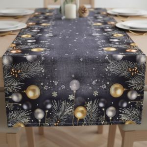 Kuchyňský ubrus vánoční CYH5918C, zlaté baňky na tmavě šedé 40x90cm (obdélník) 