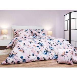 Povlečení BLOOM ELEGANCE PUDROVÁ, modré květy na pudrové, krep, 140x200cm + 70x90cm