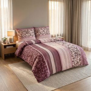 Povlečení KAROLINE 094 bordó pruhy s ornamenty, krep, 140x200cm + 70x90cm