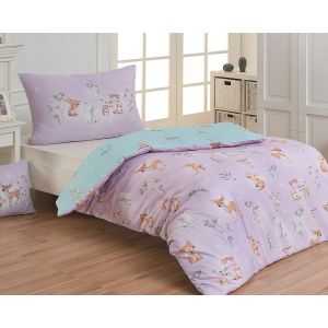 Dětské povlečení Matějovský LESNÍ POHÁDKA, zvířátka, fialovo-mentolové, bavlna hladká digitál, 140x200cm + 70x90cm