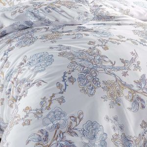 Povlečení ELEGANCE, květinový vzor, bílo-modré, bavlněný satén, 140x200cm + 70x90cm