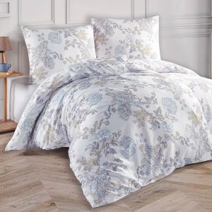Povlečení ELEGANCE, květinový vzor, bílo-modré, bavlněný satén, 140x200cm + 70x90cm