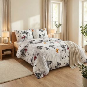 Povlečení KAROLINE 076 motýli, šedé, bavlna hladká, 140x200cm + 70x90cm