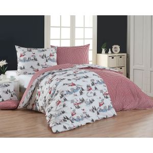 Povlečení Matějovský ZERMATT, zimní krajina, červeno bílá kostka, bavlna hladká, 140x200cm + 70x90cm