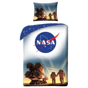 Povlečení NASA NS4066BL, kosmonauti a raketoplán na Zemi, bílá, bavlna hladká, 140x200cm + 70x90cm 