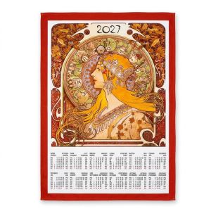 Textilní kalendář, utěrka ALFONS MUCHA 2027, oranžová panna, 45x65cm, bez hůlky