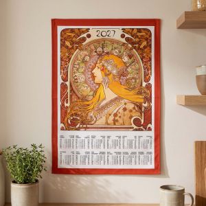 Textilní kalendář, utěrka ALFONS MUCHA 2027, oranžová panna, 45x65cm, bez hůlky