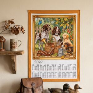 Textilní kalendář, utěrka LOVECKÁ SEZÓNA 2027, myslivecký, okrový lem, 45x65cm, bez hůlky