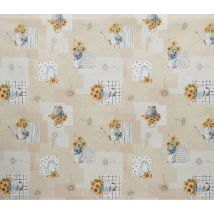 Ubrus PVC s textilním podkladem 1247-1, slunečnice v konvičce, béžová, š.140cm (metráž)
