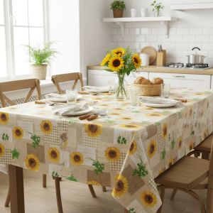 Ubrus PVC s textilním podkladem 5F4/0, slunečnice, pytlovina, kostka béžová, š.140cm (metráž)