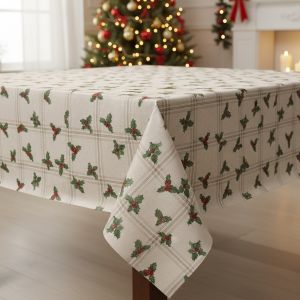Ubrus PVC s textilním podkladem vánoční N48/10 cesmína káro na béžové, š.140cm (metráž)