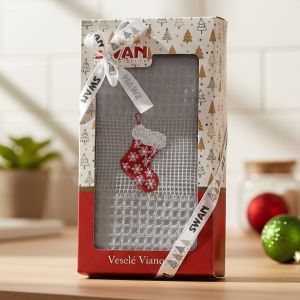 Utěrka KIARA VÁNOCE 25 vaflová vyšívaná, dárkové balení, mikulášská punčocha na šedé, 1 kus 50x70cm