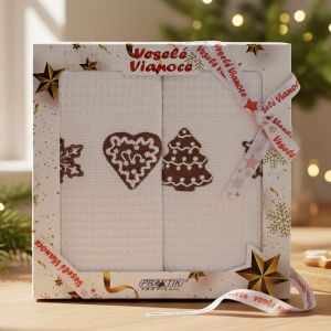 Utěrka KIARA VÁNOCE 61 vaflová vyšívaná, dárkové balení, perníčky na bílé, 2 kusy 50x70cm