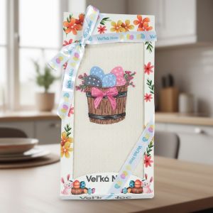 Utěrka KIARA VELIKONOCE 09 vaflová vyšívaná, dárkové balení, kraslice v soudku na smetanové, 1 kus 50x70cm