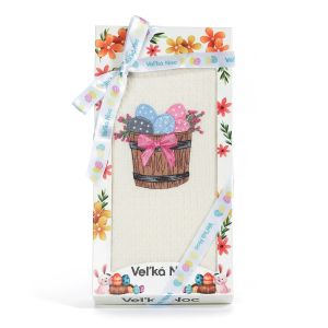 Utěrka KIARA VELIKONOCE 09 vaflová vyšívaná, dárkové balení, kraslice v soudku na smetanové, 1 kus 50x70cm
