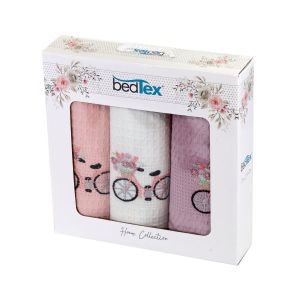 Utěrky vaflové / dárkové balení BICYKL, růžové s výšivkou, 3 kusy 40x60cm