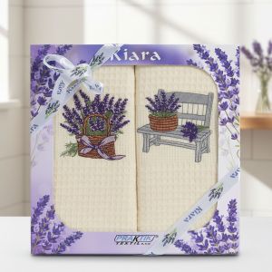Utěrky KIARA 164 vaflové vyšívané, dárkové balení, levandule, lavička na smetanové, 2 kusy 50x70cm