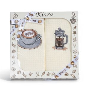 Utěrky KIARA 166 vaflové vyšívané, dárkové balení, káva a French press na smetanové, 2 kusy 50x70cm