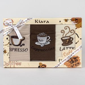 Utěrky KIARA 85 vaflové vyšívané, dárkové balení, espresso, kapučíno, latté, hnědá, 3 kusy 50x70cm