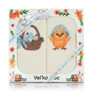 Utěrky KIARA VELIKONOCE 09, vaflové vyšívané, dárkové balení, košík a kuřátko na smetanové, 2 kusy 50x70cm