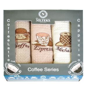 Utěrky MERLIN 89 vaflové vyšívané, dárkové balení, espresso, smetanovo-béžová, 3 kusy 50x70cm