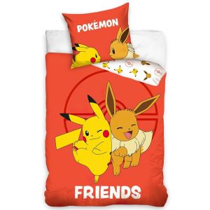 Dětské povlečení POKÉMON EEVE A PIKACHU, červené, bavlna hladká, 140x200cm + 70x90cm 