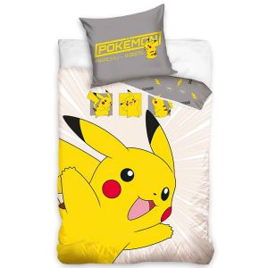 Dětské povlečení POKÉMON PIKACHU V AKCI, šedé, bavlna hladká, 140x200cm + 70x90cm 