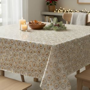 Ubrus PVC s textilním podkladem vánoční 1265-2, vánoční zlaté baňky na béžové, š.140cm (metráž)