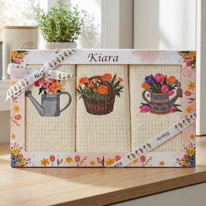 Utěrky KIARA 117 vaflové vyšívané, dárkové balení, květiny v konvičce a košíku na smetanové, 3 kusy 50x70cm