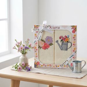 Utěrky KIARA 163 vaflové vyšívané, dárkové balení, konvička s květinami na smetanové, 2 kusy 50x70cm