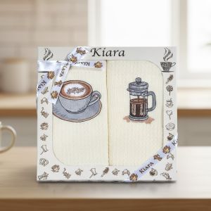 Utěrky KIARA 166 vaflové vyšívané, dárkové balení, káva a French press na smetanové, 2 kusy 50x70cm